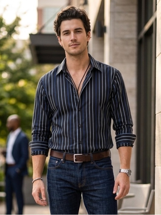 Express Other - Express Black Button-Up Shirt with Blue & White Stripes